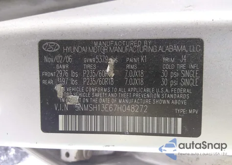 2007 Hyundai Santa Fe Limited/Se из США, поврежденный, VIN 5NMSH13E67H048272